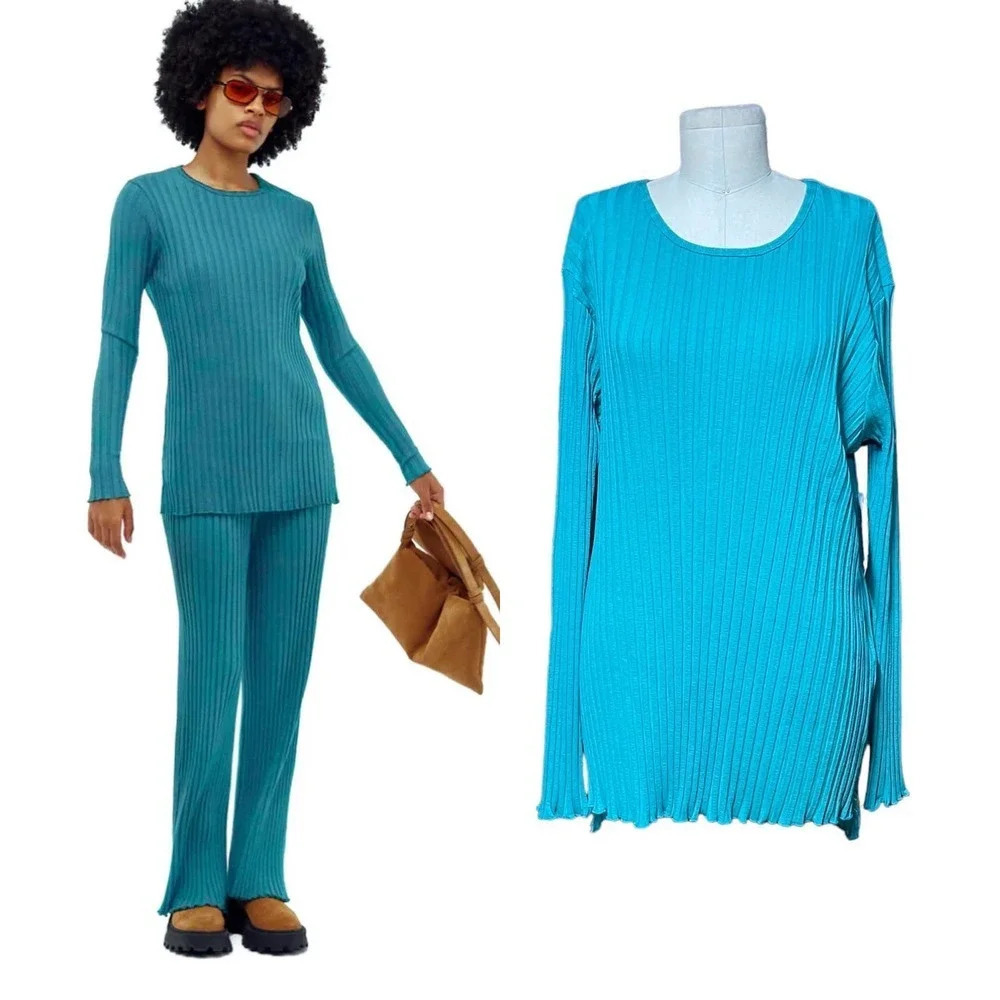 Simon Miller Oz Ribbed Long Sleeve Top in Oasis Teal Blue Size XL